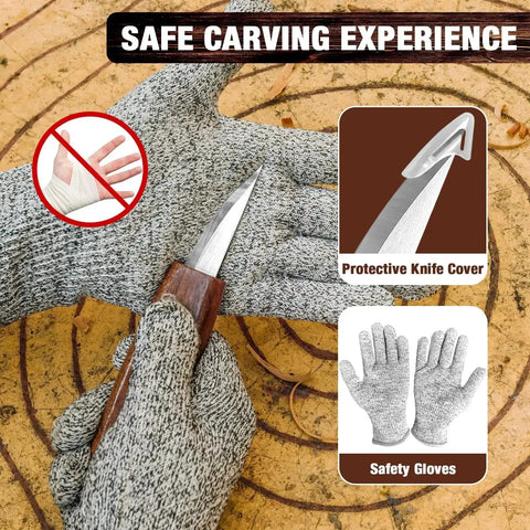 23 Piece Wood Carving Set For DIYers With 4 Large Knives 5 Detail Knives 9 Basswood Blocks showing safety gloves and knife cover