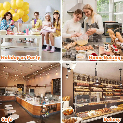 Photo collage of holiday party, home baking, cafe, and bakery settings with people and various baked goods.
