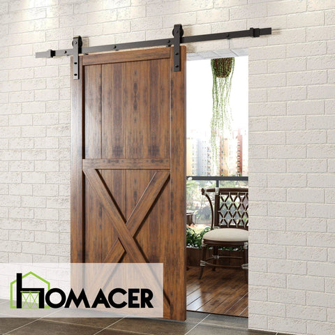 Rustic Black Non Bypass Sliding Barn Door Hardware Kit installed on wooden door with 4.5 ft flat track and classic roller design.