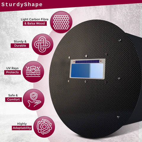 Side view of ultralight pancake welding hood with 10oz carbon fiber panels for pipeline welders, highlighting features and durability.