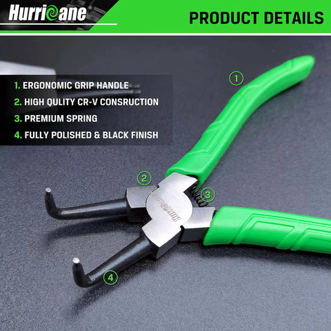4 Piece Snap Ring Pliers Set With 7 Inch Internal And External Circlip Pliers Kit, Straight And Bent Jaw, CR-V Steel, close-up view