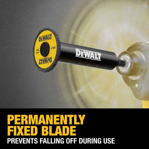 Impact Connect Pipe Cutter for PVC With Diamond Grit Wheel attached to drill, showing permanently fixed blade, Dewalt DWAIPCIR.