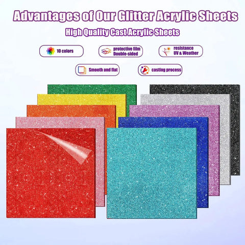 Glitter Cast Acrylic Sheets One Eighth Inch Thick 10 Pack Eight By Eight Inches For Laser Cutting And Engraving Crazy Colorful