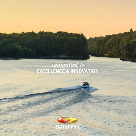 Boat speeding across lake at sunset, CE Smith logo at bottom, text reads 'committed to excellence & innovation'
