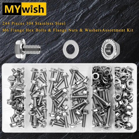 224Pcs M6 Flange Bolt Set With Hex Heads Flange Nuts And Washers 304 Stainless Steel M6x1.0 Threads Includes 12 16 20 25 30mm Lengths Metric DIN 6921 Bolts Durable Corrosion Resistant Hardware Kit in plastic organizer.