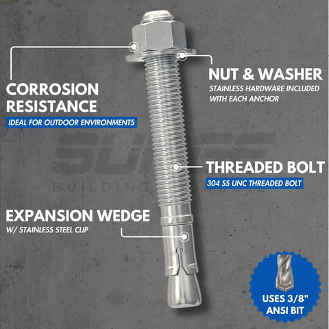 Close-up of Three-Eighth-Inch By Three-Inch 304 Stainless Steel Wedge Anchor showing nut, washer, bolt, and expansion wedge details.