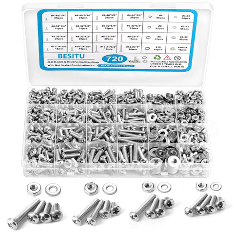 720 Piece Stainless Steel Machine Screw Kit With Case Including Phillips Pan Head Nuts Bolts And Flat Washers SAE Sizes 10 24 8 32 6 32 4 40 For Home DIY Projects organized in a clear plastic case.
