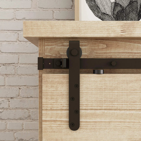 Close-up of a 6 Ft Mini Cabinet Barn Door Hardware Kit Sliding Double Door DIY Friendly Finish In Oil Rubbed Bronze
