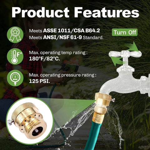 2 Pack Brass 3/4 Inch GHT Hose Bibb Connector Backflow Preventer Vacuum Breaker With Break Off Screw Includes 2 Washers, graphic.