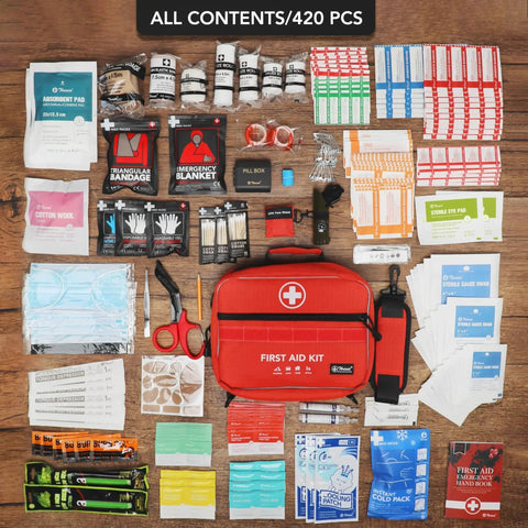 430 Piece First Aid Kit With Easy Access, Well Organized Labeled Pockets And Dedicated Bandage Area For Quick Access displayed on wood table