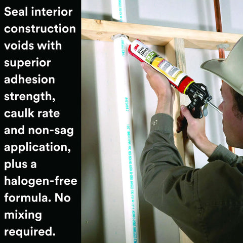 Person applying Fire Block FB 136 Gray single-component cartridge 10.1 fl oz sealant on interior pipe for smoke passage resistance.
