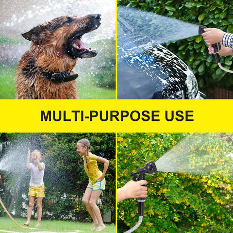 FOXEASE metal water hose 25 ft with two nozzles; stainless steel, tangle-free, shown in car wash and garden scenes