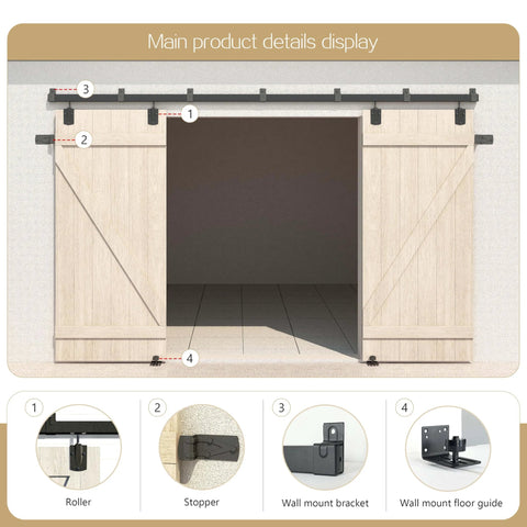 Heavy Duty Outdoor Sliding Barn Door Hardware Kit, 16 Ft Rail System, 450 Lb Capacity, Black Powder Coat Finish, Weatherproof Galvanized Steel for Exterior Use, Fits Up To Two Doors Up To 96 Inches Wide, showing installed hardware and doors