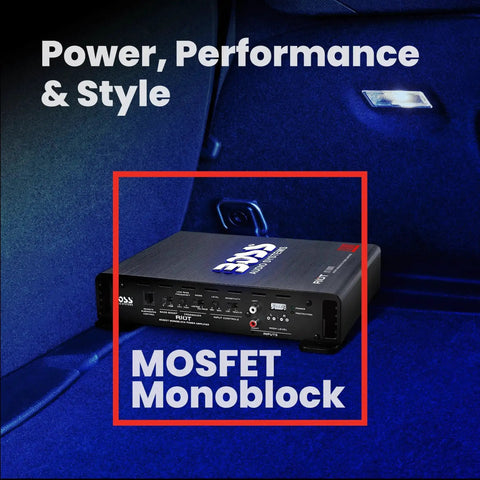 R1100M Monoblock Car Amplifier with 1100 Max Watts at 2 Ohms installed in car trunk