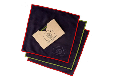 Extra Large Microfiber Cleaning Cloths 8 Pack for Glasses Lenses and Screens in luxury paper case, 8x8 inch, red trim.