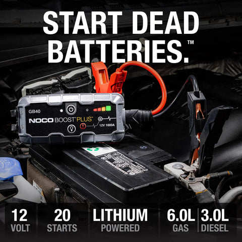 1000 Amp UltraSafe Jump Starter Lifesaver With Power Bank And Cables For 6L Gas And 3L Diesel Engines Portable 12V Lithium Booster NOCO Boost GB40 on car battery with clamps attached.