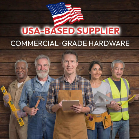 Five workers in front of USA-based supplier sign for commercial-grade hardware