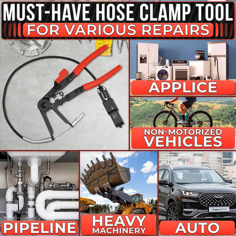 Radiator Hose Clamp Tool with Ratchet Locking Pliers for easy one-hand operation, shown with repair applications.