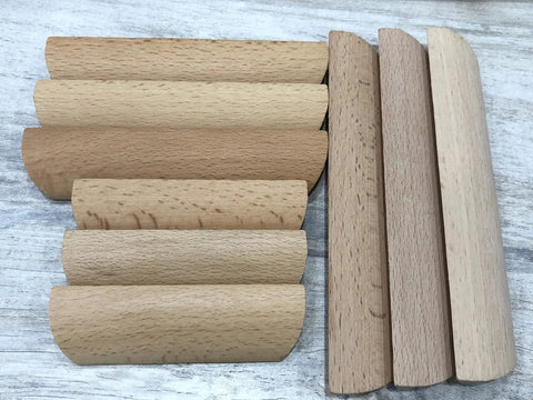 Unfinished Beech Wood Furniture Pulls Set Of 10 Paintable Wooden Cupboard And Drawer Handles on a wooden surface