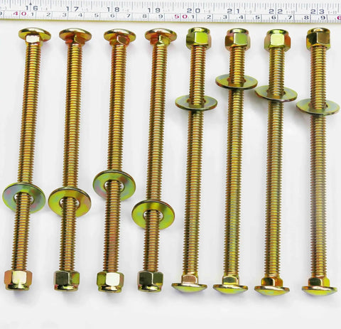 Eight pack of Three Eighths Inch By Six Inch Carriage Bolts With Square Neck And Nylon Lock Nuts, Large Washer Assortment Kit