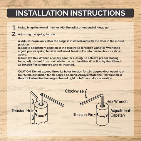 Installation instructions for stainless steel spring hinge 4 inch square with adjustable tension and hex wrench included.