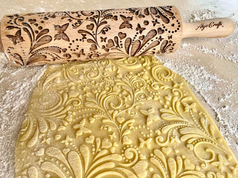 Beech Wood Embossed Rolling Pin With Butterflies And Flowers For Cookies And Crafts Handmade Kitchen Tool For Beautiful Patterns