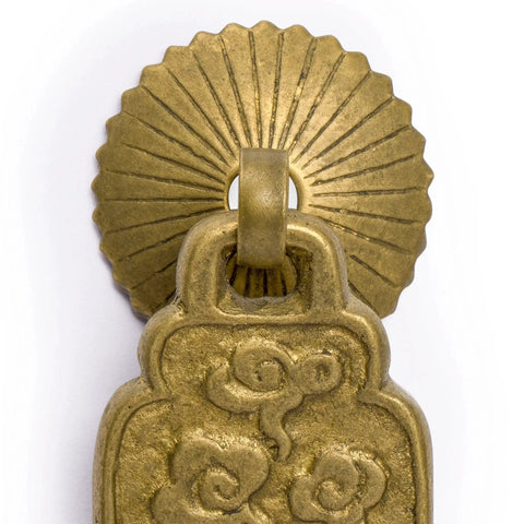 Close-up of Ru Yi solid brass pull from Brass Buddha Scepter Cabinet Pulls 2.4 Inch Set Of 2 For Furniture And Cabinetry Architectural Interior Design Hardware Solid Brass Drawer Pulls With Washer Set Ru Yi Style Accent For Custom Homes, showing intricate design and washer.