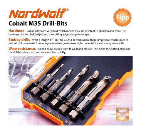 Five-Piece M35 Cobalt Stubby Drill Bit Set For Stainless Steel And Other Hard Metals With One Quarter Inch Hex Shank