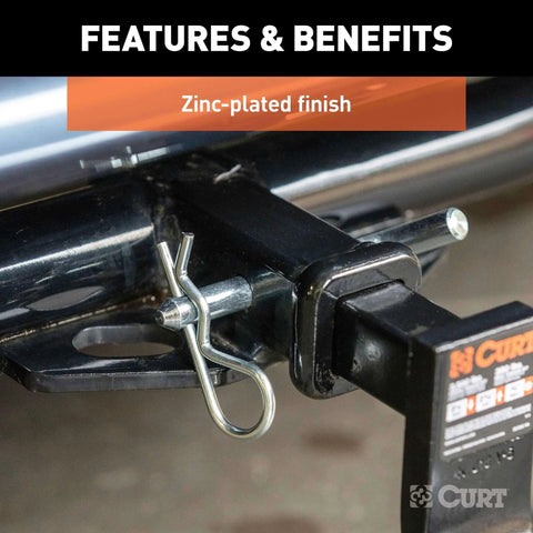Trailer Hitch Pin And Clip 1/2 Inch Diameter With 5/8 Inch Adapter Fits 1-1/4 Inch And 2 Inch Receiver Tubes Easy Grip 105 Degree Bend