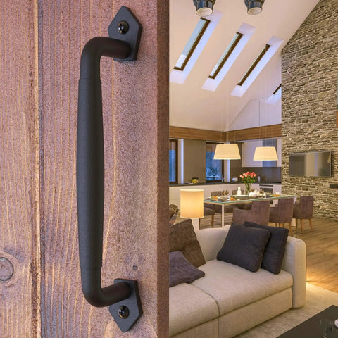 10 Inch Round Rustic Barn Door Handle In Black Steel Versatile Pull For Sliding Doors Gates Garages Sheds Fences Closets And Pantries Indoor And Outdoor Use With Easy Install Durable Black Powder Coated Finish For Weather Resistance And Smooth Operation installed on wood door in living area