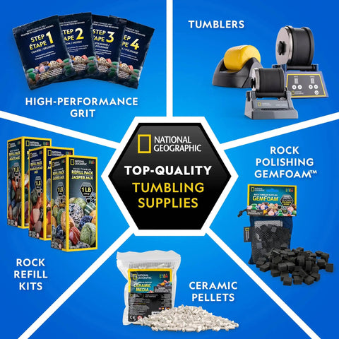 Rock Tumbler Grit And Polish Refill Kit For Polishing Up To 20 Pounds Of Rocks with accessories layout