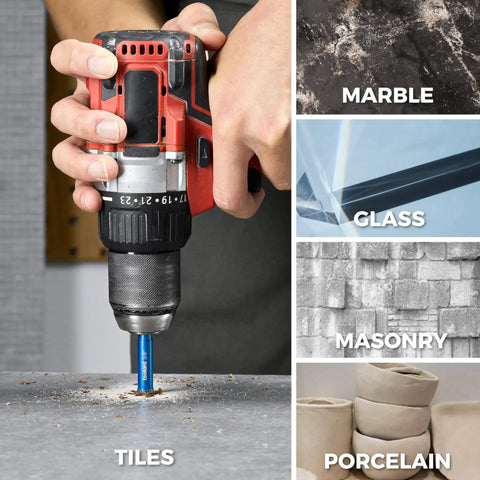 Person using a drill with a Diamond Drill Bits Set For Ceramic Tile Glass Porcelain Marble And Granite With Cooling Wax Lubrication, 10 Pc Includes 3/16, 1/4, 5/16, 3/8 Inch Bits With 1/4 Inch Round Shank Tile Glass Drill Kit By Toolant on tile surface, with images of marble, glass, and porcelain insets.