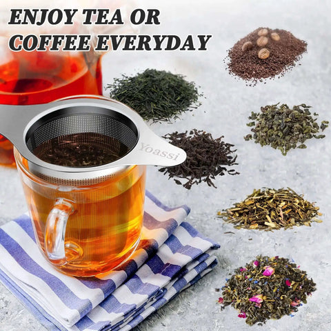 Extra Fine 18 8 Stainless Steel Tea Infuser Mesh Strainer with large capacity on a cup with various teas and coffee