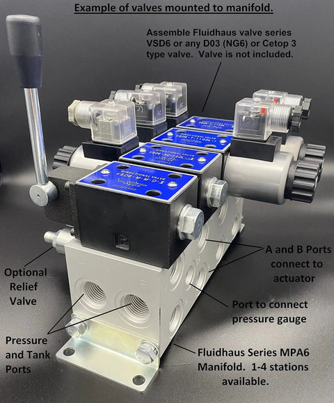 Pro Grade Heavy Duty Hydraulic Electric Solenoid Valve D03 NG6 With 12VDC DIN connector mounted on manifold.