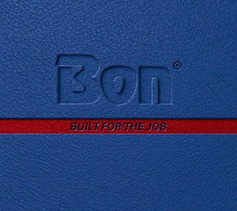 Textured blue cover with embossed 'Bon' logo and a red stripe with 'Built For The Job' text.