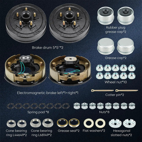 Front view of trailer drum brake kit with two 10x2-1/4 in drums and hardware for 5 on 4.5 in bolt circle