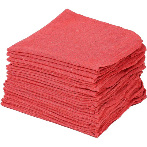 Stack of Red 14 W x 14 L 100% Cotton Shop Towels In A 25 Lb Box for Automotive, Print and Industrial Shop Use, showing hemmed edges.