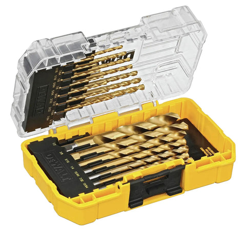 Titanium Nitride Drill Bit Set For Metal Wood And Plastics 21-Piece With Speed Tip To Reduce Walking No Spin Shanks And Heavy Duty Construction Comes In A Tough Case Titanium Coating For Longer Life Model DW1342 DeWalt