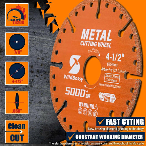 Heavy Duty Diamond Cutting Wheel 4.5 Inch With Seven Eighths Inch Arbor For Metal Cutting Rebar Steel Iron And INOX Delivers 5000 Plus Cuts With Smooth Chip Free No Joke Performance For Fast Durable Metalwork, close-up view