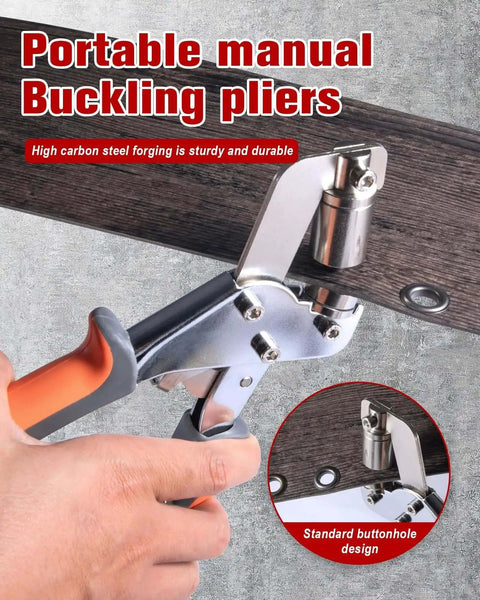 Person using portable manual buckling pliers on wood with high carbon steel forgings shown in detail in inset image.