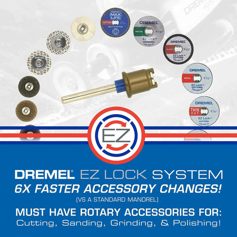 EZ Lock Starter Kit For Rotary Tools With 5 Fiberglass Reinforced Cut Off Wheels And EZ402 Mandrel Included displayed in product image.