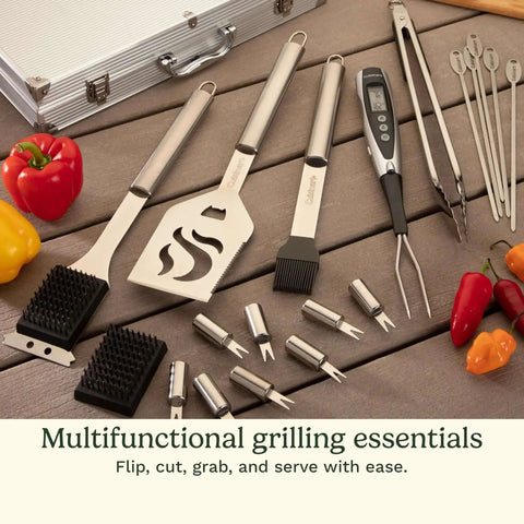 Deluxe 20-Piece BBQ Tool Set With Stainless Steel Grilling Tools And Aluminum Case Includes Spatula, Tongs, Basting Brush.