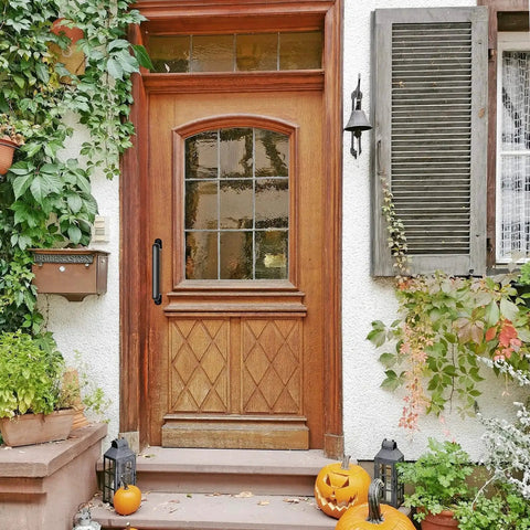 Wooden front door with 9 Inch Black Metal Barn Door Pull Handle For Sliding Doors Gates And Garages Heavy Duty Exterior Use