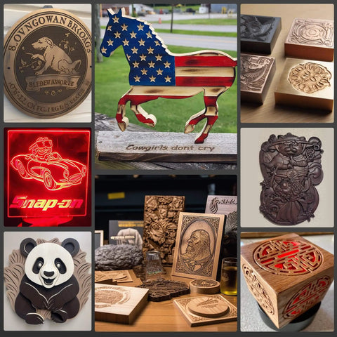 Various engraved and cut designs made with Pro Grade CNC Router XE PRO 3 Axis Engraving Milling Machine, featuring wood and acrylic.