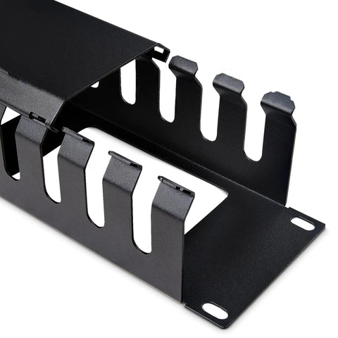 Horizontal 2U Server Rack Cable Management Finger Duct with cover for 19 inch network racks, slotted duct, angled view