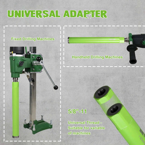 Pro Grade One Point Five Inch Wet Diamond Core Bit For Reinforced Concrete And Rebar Fourteen Inch Drilling Depth Laser Welded Turbo Segments Five Eighth Inch Eleven Threaded Shank Built For Brick Block And Hard Masonry Drilling shown with universal adapter, suitable for fixed and handheld drilling machines.