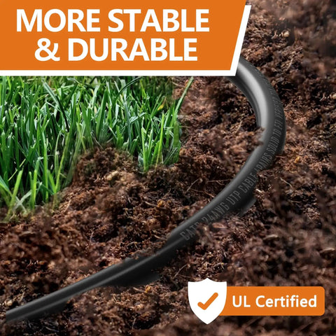 Tough As Nails Outdoor 50 Ft Cat6 Cat5E Ethernet Cable 24AWG direct burial shown in soil near grass, waterproof and UV resistant