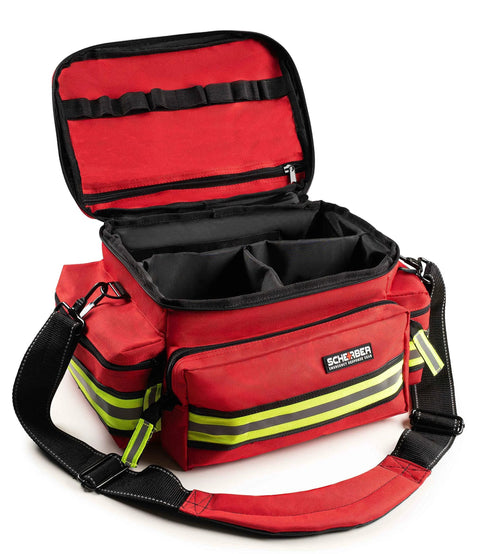 Fully Stocked First Responder EMT Trauma Kit For EMS And Fire With 200 Plus First Aid Supplies In Reflective Red Bag Open View