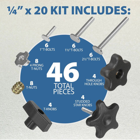 Image of 46 Piece T Track Bolts and Knobs Kit with 1/4-20 bolts, star knobs, and T nuts for woodworking projects and jigs.