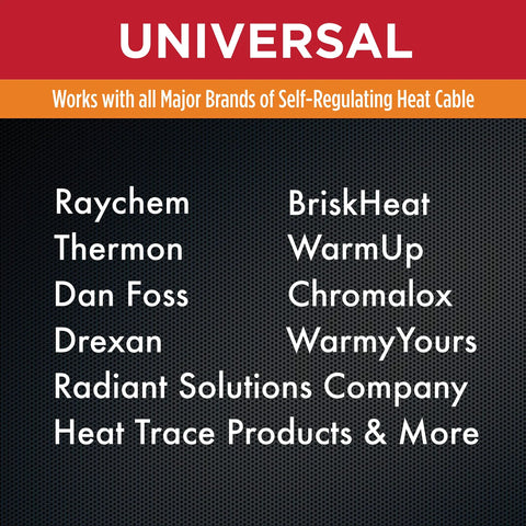 Universal Tee & Splice Kit label with red header and orange compatibility bar on a black textured background.